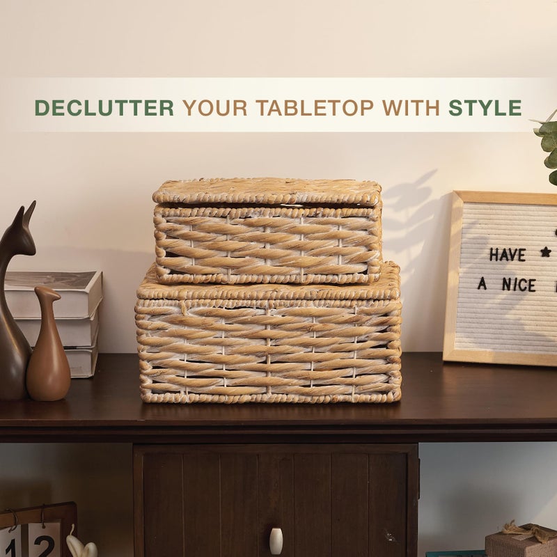 84ECO Set of 2 White Wicker Baskets with Lid - Image 2