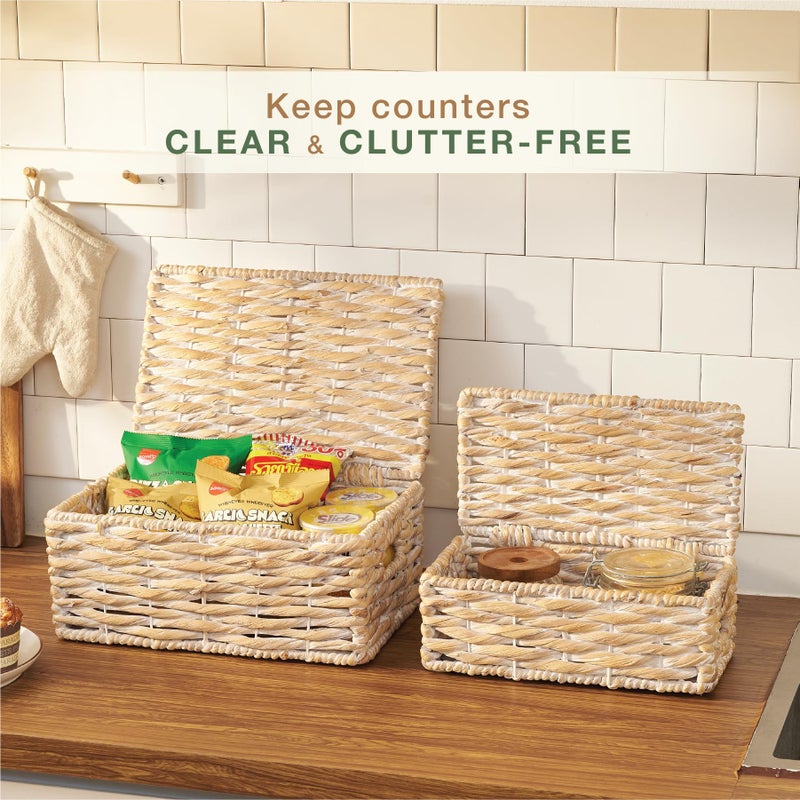 84ECO Set of 2 White Wicker Baskets with Lid - Image 4