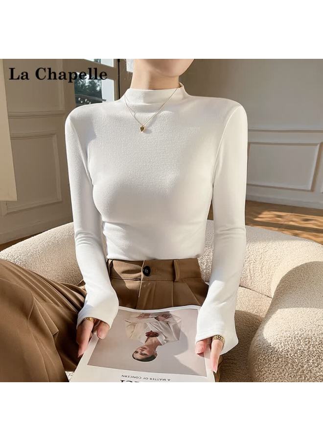 La Chapelle Women's Half Turtleneck Thickened Velvet Autumn Winter Fleece Lined Slim Fit Base Shirt Coffee Color L - Image 1