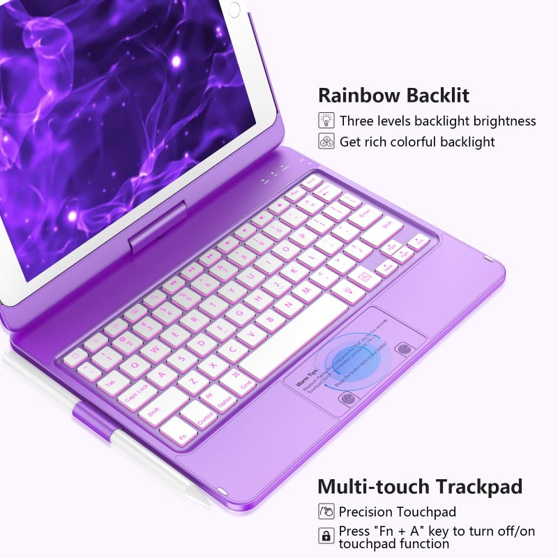 KBCASE Touchpad Keyboard Case for iPad 9th/8th/7th 10.2 inch, Backlit Trackpad Keyboard, 360Â°Rotatable Case with Pencil Holder for iPad 9th/8th/7th Gen (Purple) - Image 5