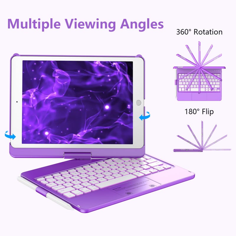 KBCASE Touchpad Keyboard Case for iPad 9th/8th/7th 10.2 inch, Backlit Trackpad Keyboard, 360Â°Rotatable Case with Pencil Holder for iPad 9th/8th/7th Gen (Purple) - Image 3