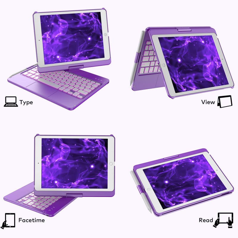 KBCASE Touchpad Keyboard Case for iPad 9th/8th/7th 10.2 inch, Backlit Trackpad Keyboard, 360Â°Rotatable Case with Pencil Holder for iPad 9th/8th/7th Gen (Purple) - Image 4