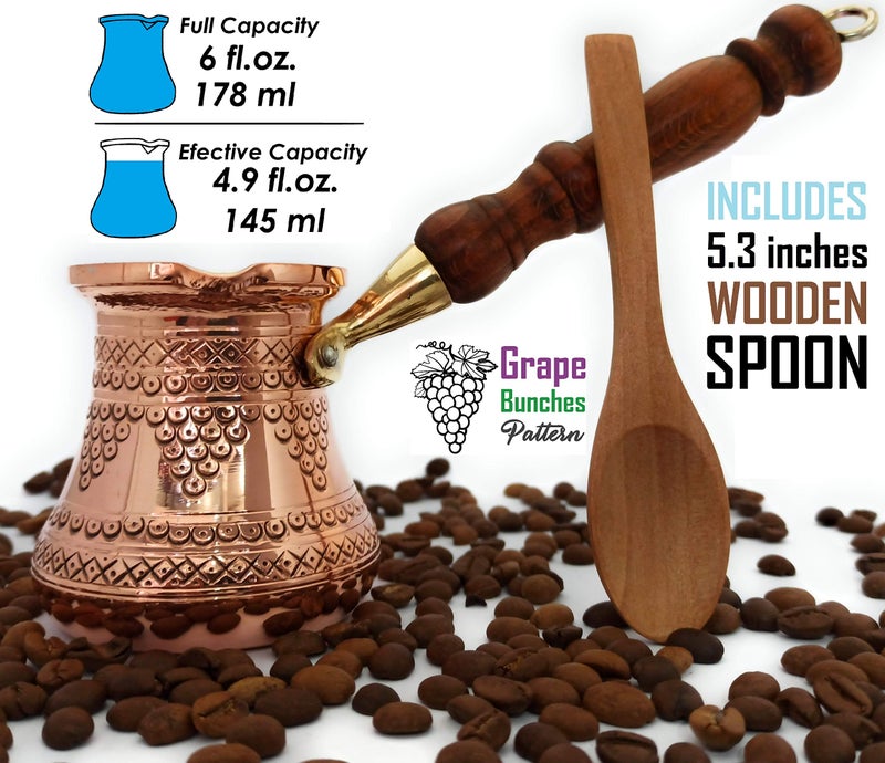 DEDE Copper - PCZ Series (Small-6 fl.oz) - Thickest Solid Copper Engraved/Stamped Turkish Greek Arabic Coffee Pot with Wooden Handle, Stovetop Coffee Maker Cezve Jezve Jazva Jazzve Ibrik Briki (Shiny) - Image 2