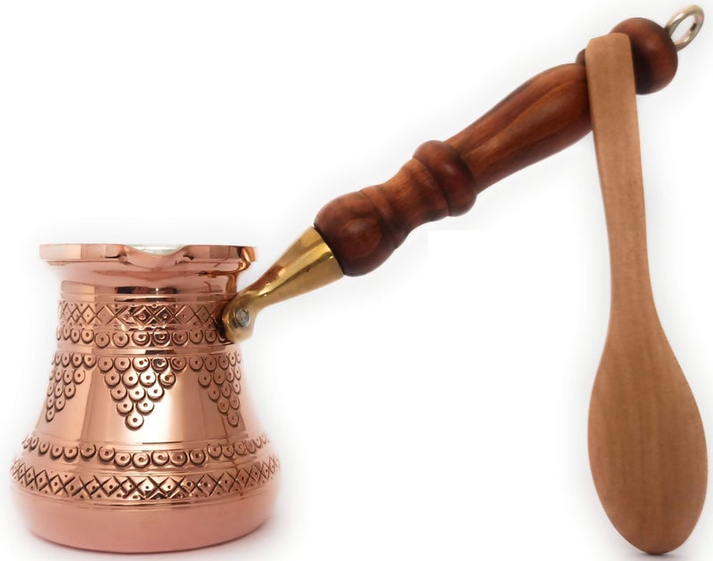 DEDE Copper - PCZ Series (Small-6 fl.oz) - Thickest Solid Copper Engraved/Stamped Turkish Greek Arabic Coffee Pot with Wooden Handle, Stovetop Coffee Maker Cezve Jezve Jazva Jazzve Ibrik Briki (Shiny) - Image 1