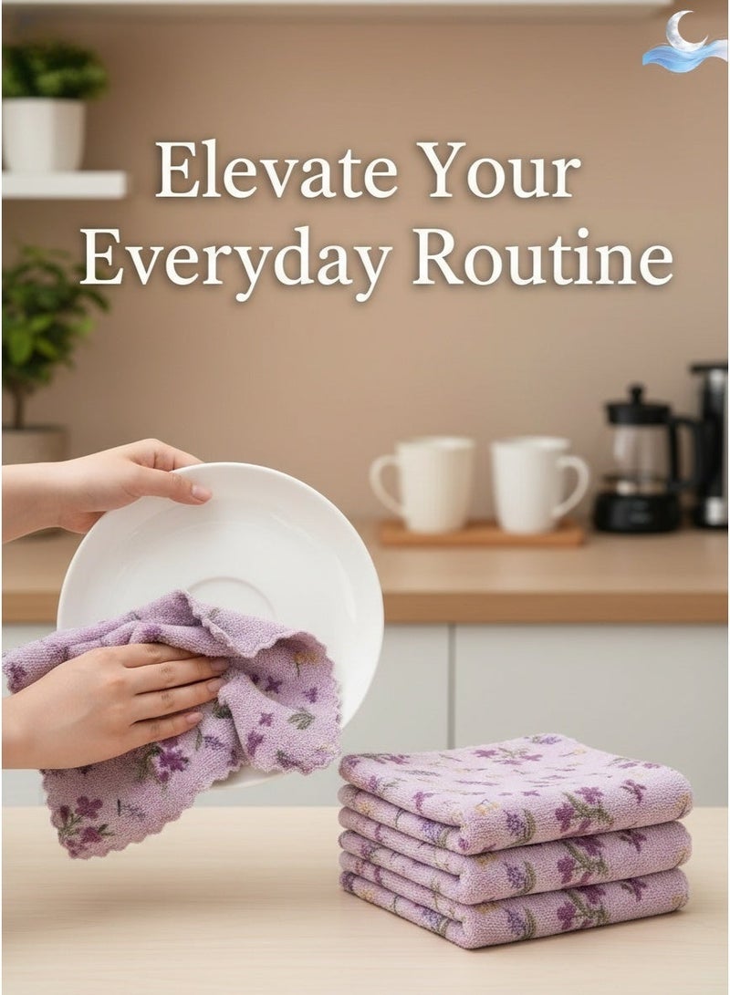 مناشف مطبخ من الصوف المرجاني بنسبة 100%، بنقشة زهور بنفسجية، مناشف أطباق ومناشف يد سميكة، فائقة النعومة وعالية الامتصاص ومقاومة للزيوت والبقع وسريعة الجفاف، 30 × 30 سم، عبوة من 4 قطع، (نقشة زهور بنفسجية) - Image 5