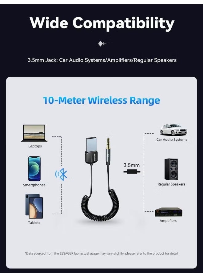 ESSAGER Aux Bluetooth Adapter for Car, Essager Noise Cancelling Bluetooth 5.0 Receiver, Lossless Music USB to 3.5mm Jack Audio Adapter with Built-in Microphone for Car Kits/Home Stereo/Handsfree Call Speaker - Image 4