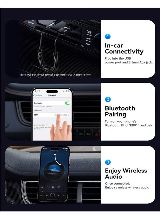 ESSAGER Aux Bluetooth Adapter for Car, Essager Noise Cancelling Bluetooth 5.0 Receiver, Lossless Music USB to 3.5mm Jack Audio Adapter with Built-in Microphone for Car Kits/Home Stereo/Handsfree Call Speaker - Image 2