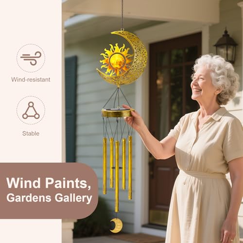 JYPS Sun Moon Solar Wind Chimes, 47-Inch Large Waterproof Windchimes for Outside with Glowing Crackle Glass Ball, Garden Patio Yard Decor Mother's Day Birthday Unique Gifts for Women Mom Grandma Wife - Image 3