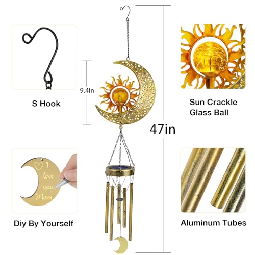 JYPS Sun Moon Solar Wind Chimes, 47-Inch Large Waterproof Windchimes for Outside with Glowing Crackle Glass Ball, Garden Patio Yard Decor Mother's Day Birthday Unique Gifts for Women Mom Grandma Wife - Image 2