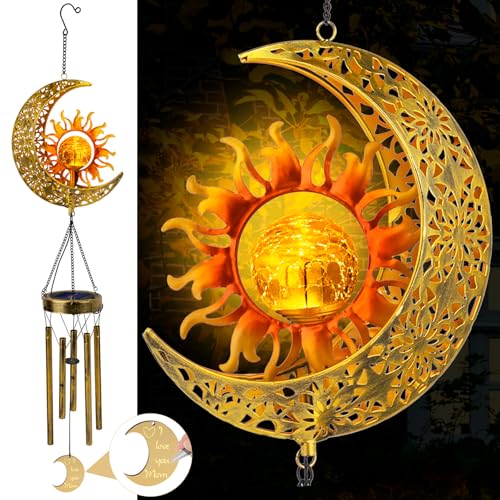 JYPS Sun Moon Solar Wind Chimes, 47-Inch Large Waterproof Windchimes for Outside with Glowing Crackle Glass Ball, Garden Patio Yard Decor Mother's Day Birthday Unique Gifts for Women Mom Grandma Wife - Image 1