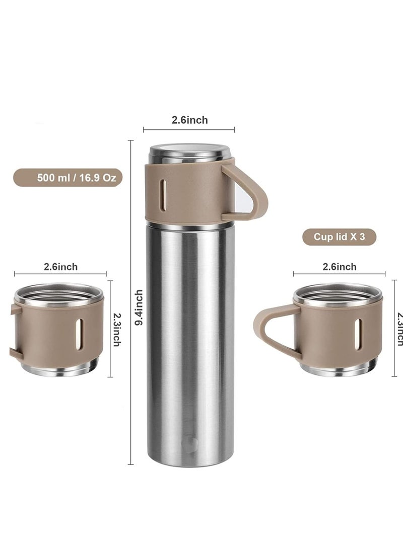 ELTRAZONE قارورة معزولة مفرغة من الهواء، سعة 500 مل/17.6 أونصة، مصنوعة من الفولاذ المقاوم للصدأ، مع كوب للقهوة والماء والمشروبات الساخنة والباردة. (بني فضي) - Image 2