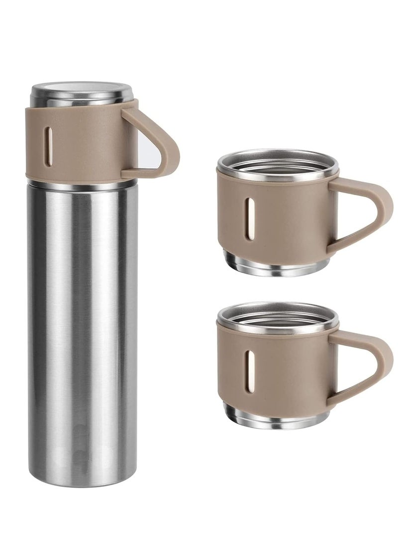 ELTRAZONE قارورة معزولة مفرغة من الهواء، سعة 500 مل/17.6 أونصة، مصنوعة من الفولاذ المقاوم للصدأ، مع كوب للقهوة والماء والمشروبات الساخنة والباردة. (بني فضي) - Image 1