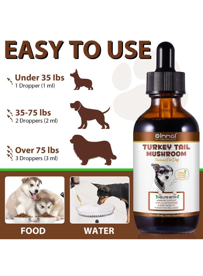 Oimmal فطر ذيل الديك الرومي للكلاب 60 مل، دفاع مناعي حاسم للكلاب، مستخلص سائل من فطر ذيل الديك الرومي لقطرات المناعة والهضم للحيوانات الأليفة، مع 5X فطر، كركم وبروبيوتيك - Image 2