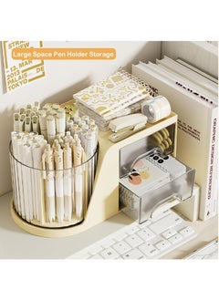 Hihonor Desk Organizer and Accessories with 4 Little Feet and 2 Drawers, Rotating Pen Holder for Desktop Storage, Desk Organization for School, Home, Office Supplies (Cream)  - Image 2