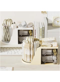 Hihonor Desk Organizer and Accessories with 4 Little Feet and 2 Drawers, Rotating Pen Holder for Desktop Storage, Desk Organization for School, Home, Office Supplies (Cream)  - Image 3