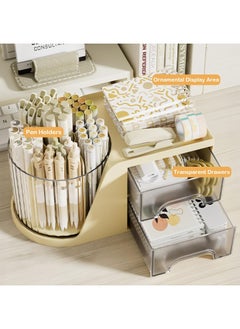 Hihonor Desk Organizer and Accessories with 4 Little Feet and 2 Drawers, Rotating Pen Holder for Desktop Storage, Desk Organization for School, Home, Office Supplies (Cream)  - Image 4