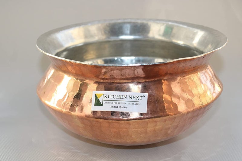 KITCHEN NEXT KITCHEN NEXT Muke Copper Inside Kalai Handi Sipri degchi biryani Pot with Hammered Shinny Finish for Cooking Serving 3 Liter  - Image 1
