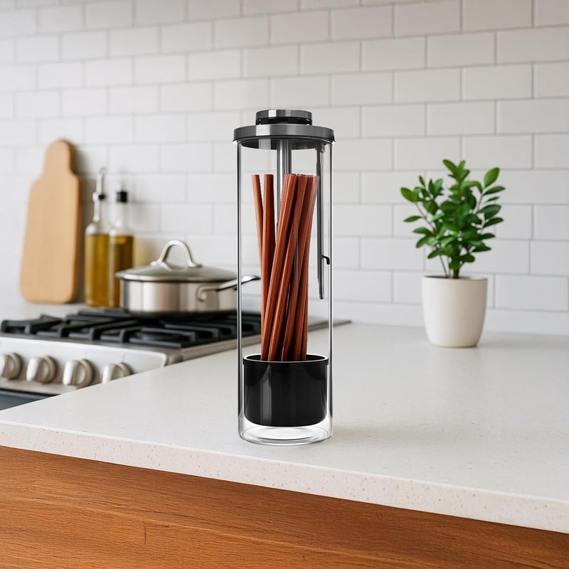 Home, Restaurant, Or Bar Chopstick Holder with Lid, Stainless Steel and High Borosilicate Glass, Kitchen Utensil Storage, Straws and Chopsticks - Image 2
