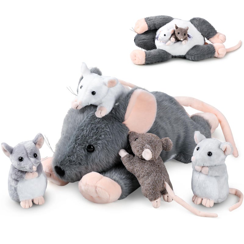 Arrowbash 5 Pcs Mouse Stuffed Animals Set 14 Large Mommy Rat Plush with 4 Small Mouse Babies in Zippered Tummy Stuffed Rat Plush Toys for Kids Girls Boys Valentine Birthday GiftAdorable Style - Image 3