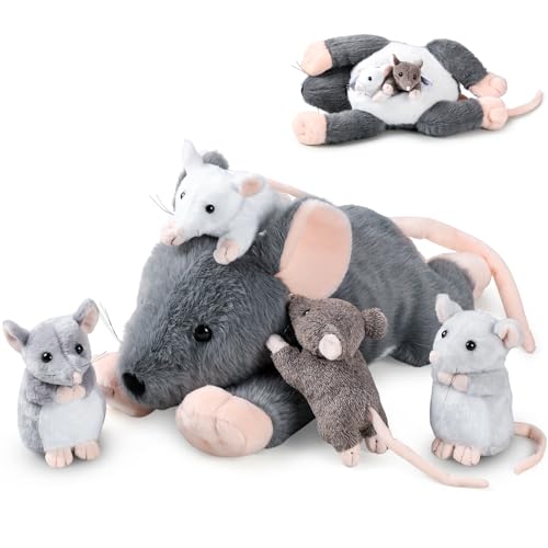 Arrowbash 5 Pcs Mouse Stuffed Animals Set 14 Large Mommy Rat Plush with 4 Small Mouse Babies in Zippered Tummy Stuffed Rat Plush Toys for Kids Girls Boys Valentine Birthday GiftAdorable Style - Image 1