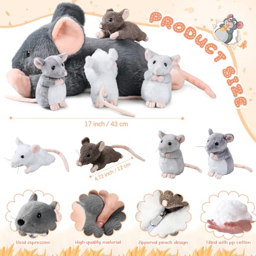 Arrowbash 5 Pcs Mouse Stuffed Animals Set 14 Large Mommy Rat Plush with 4 Small Mouse Babies in Zippered Tummy Stuffed Rat Plush Toys for Kids Girls Boys Valentine Birthday GiftAdorable Style - Image 5