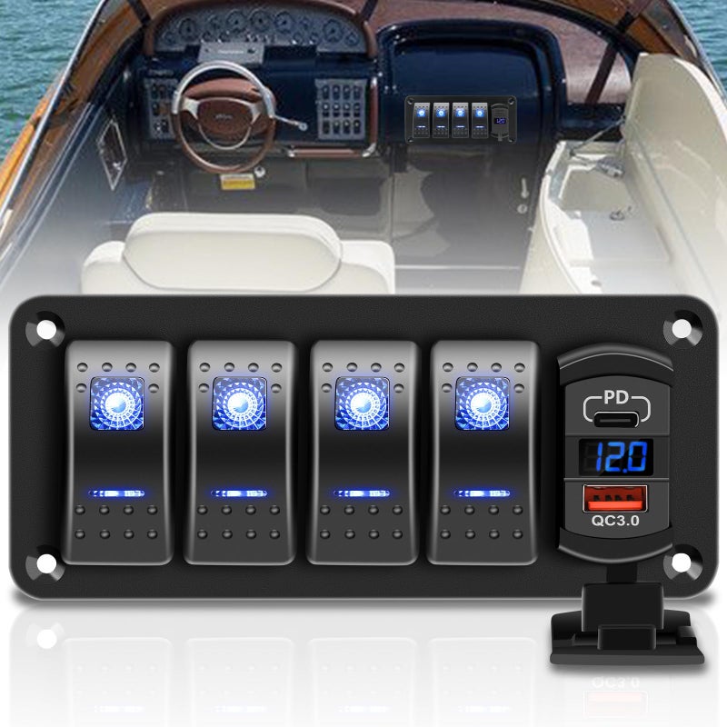 RVZONE 4 Gang IP68 Waterproof Boat Rocker Switch Panel DC 1224V LED Digital Voltmeter Dual USB QC 30 TypeC Fast Charging PreWired Toggle Switch Panel for RV Car Marine Boat Truck Blue - Image 3
