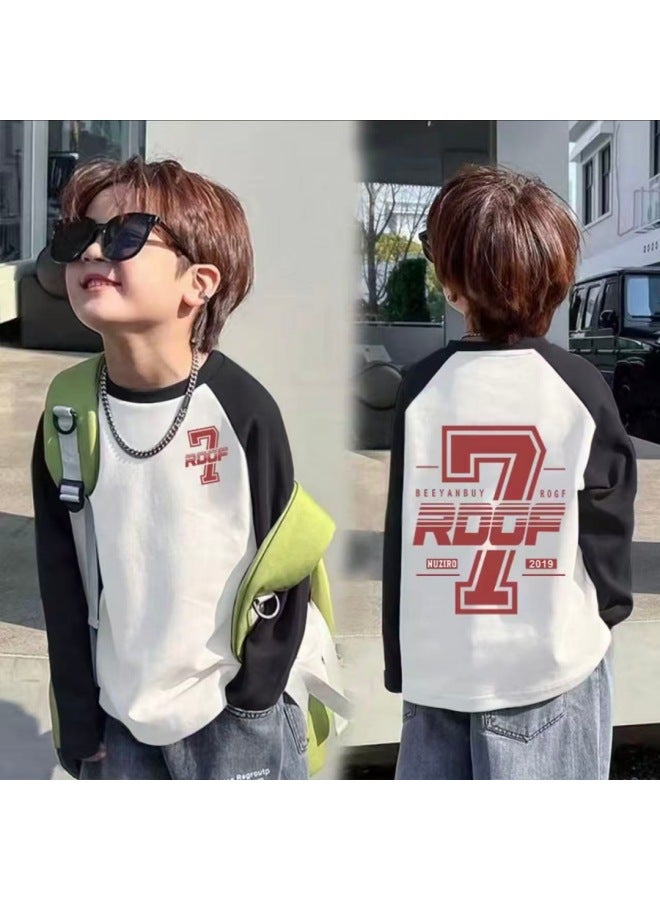Cotton Boys' Raglan Sleeve Long Sleeve Tspring & Fall New Style Medium And Large Children's Splicing Contrasting Color Round Neck Bottoming Shirt