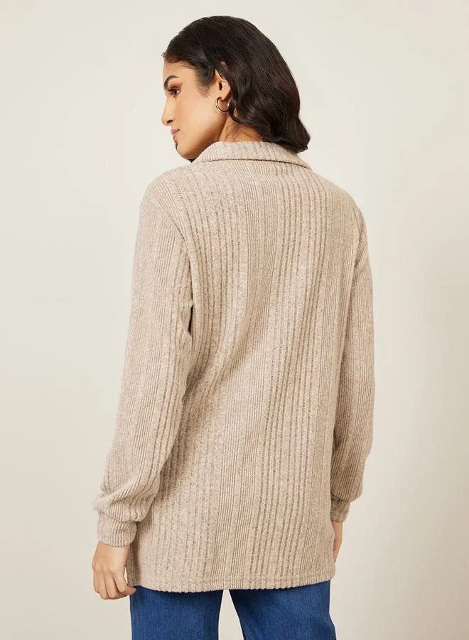 Styli Oversized Brushed Rib Collared Neck Longline Polo T-Shirt