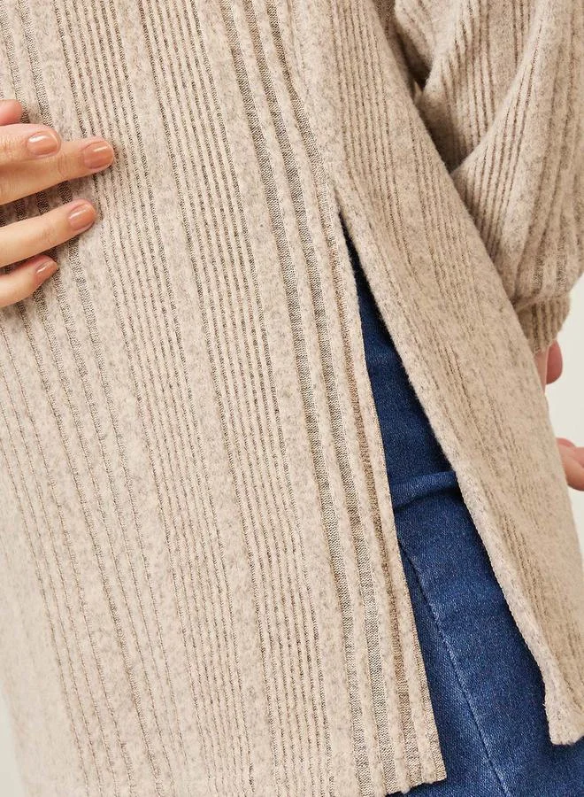 Styli Oversized Brushed Rib Collared Neck Longline Polo T-Shirt