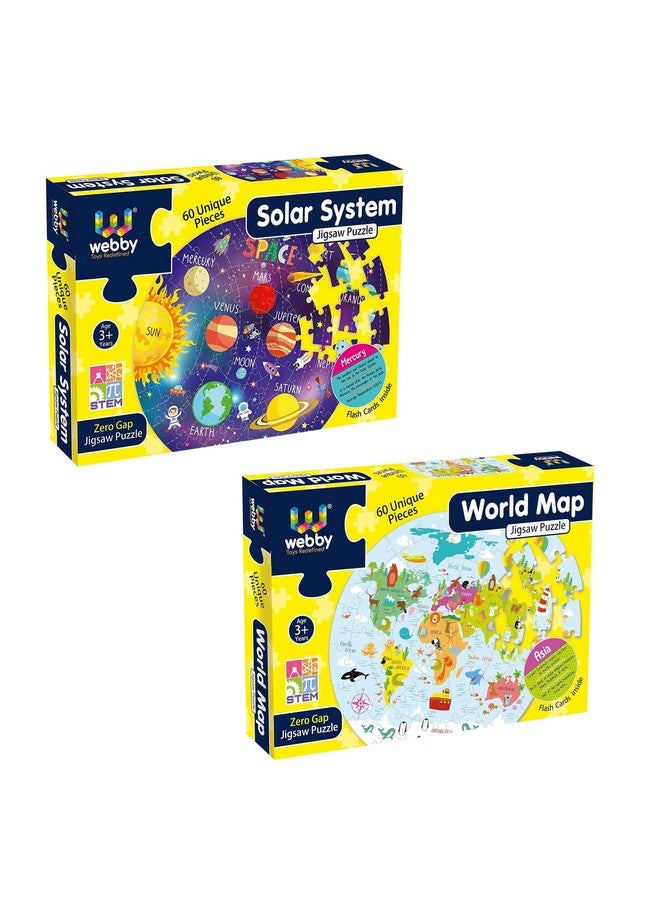 Webby Combo of Amazing Solar System and World Map Jigsaw Floor Puzzle | 60 Pcs with 4 Double Sided Flashcards with Each Puzzle (Set of 2) - Image 1