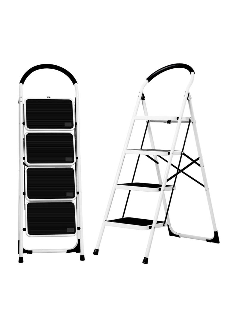 VIO 4 Step Ladder Heavy Duty Portable Folding Step Stool Anti Slip Wide Pedal Stepladders for Kitchen Home Office Garage Use Space Saving 4 Step Ladder White  - Image 1