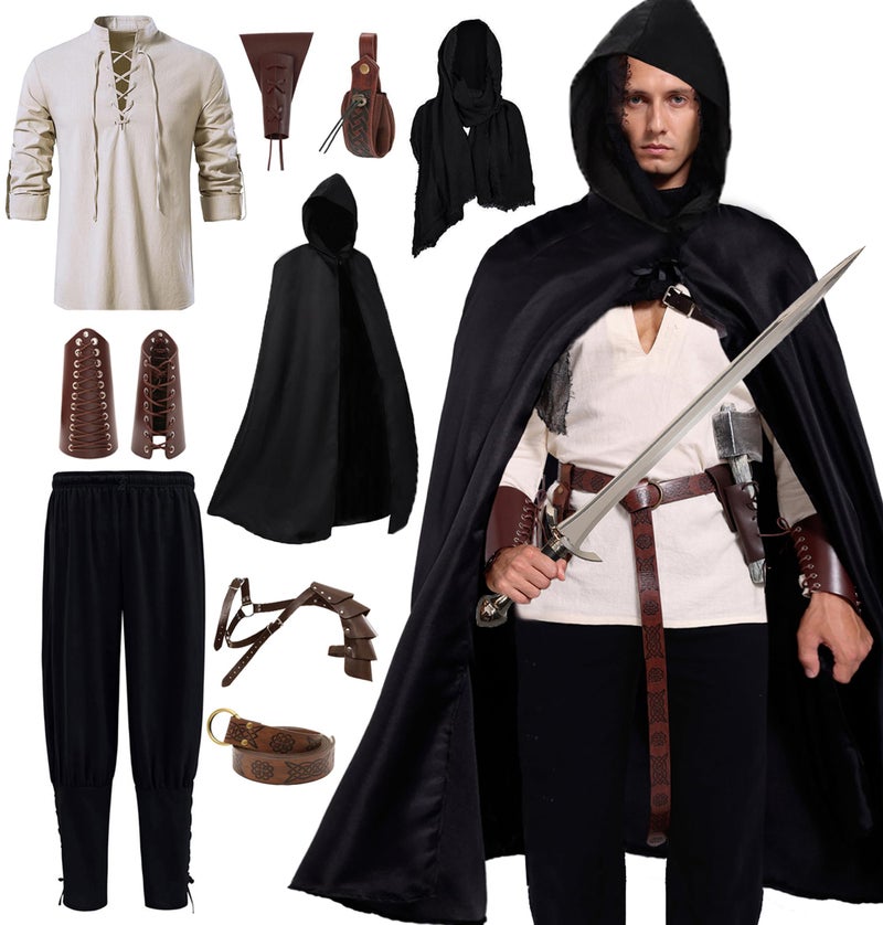Akokvlar 10 Pcs Men Renaissance Costume Medieval Pirate Shirt Ankle Banded Pants Viking Outfit Set (Large, Black) - Image 1