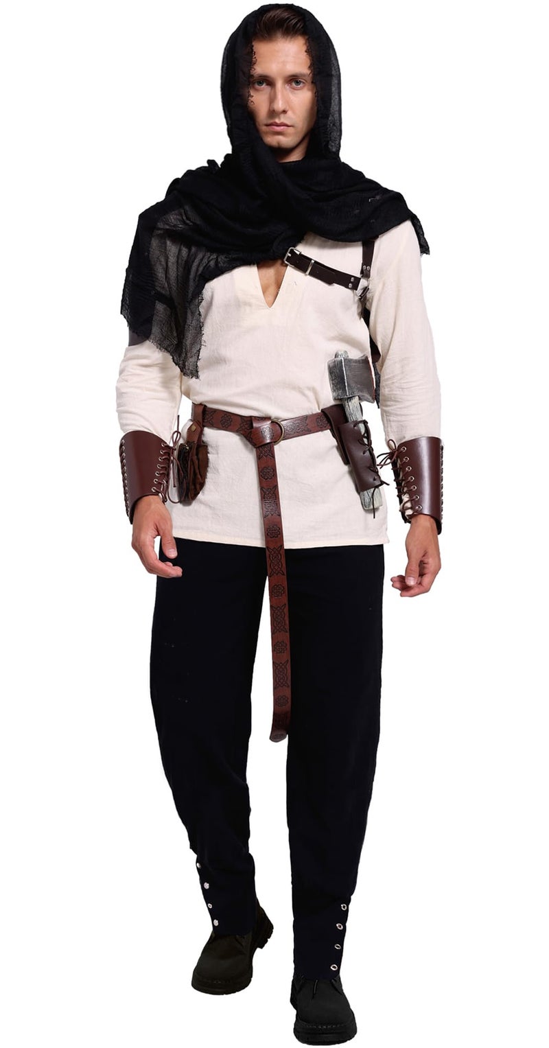 Akokvlar 10 Pcs Men Renaissance Costume Medieval Pirate Shirt Ankle Banded Pants Viking Outfit Set (Large, Black) - Image 5
