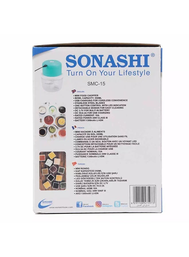 SONASHI Mini Chopper SMC-15 Bowl 350ml Stainless Steel Blades USB Charging for Cordless Convenience 350 ml 30 W SMC-15 multicolour - Image 5