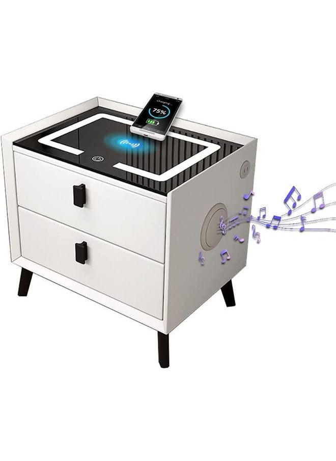 CityRiya-Long - Bedside Table Smart Nightstand with Wireless Charging Station and Bluetooth Speacker Coffee Table for Living Room Sofa Side White - Image 1