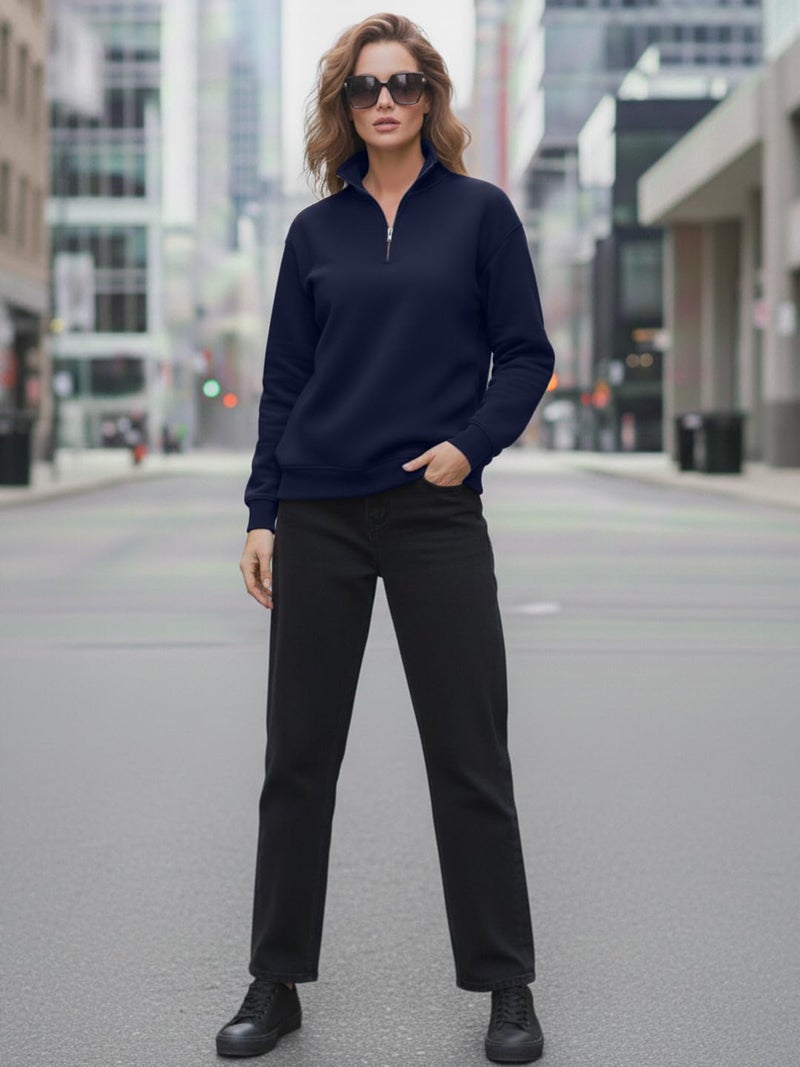 LEOTUDE Women's Cotton Blend High Neck Full Zipper Regular Fit Sweatshirt (GRL_W84_All_Mix_P_Navy_M) - Image 5