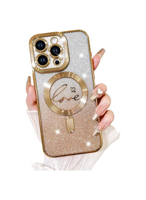 Designed for iPhone 14 Pro Max Case,Compatible with MagSafe Love Heart Plating Camera Protection Clear Phone Cover, Magnetic Glitter for Women Girls  6.7"-Gold