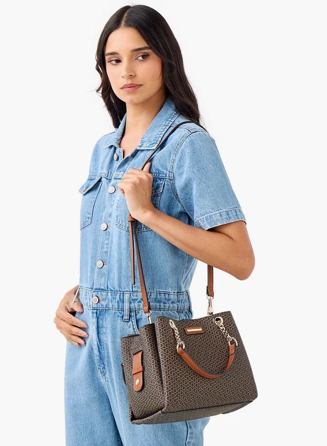 Celeste Monogram Print Tote Bag with Detachable Strap and Zip Closure