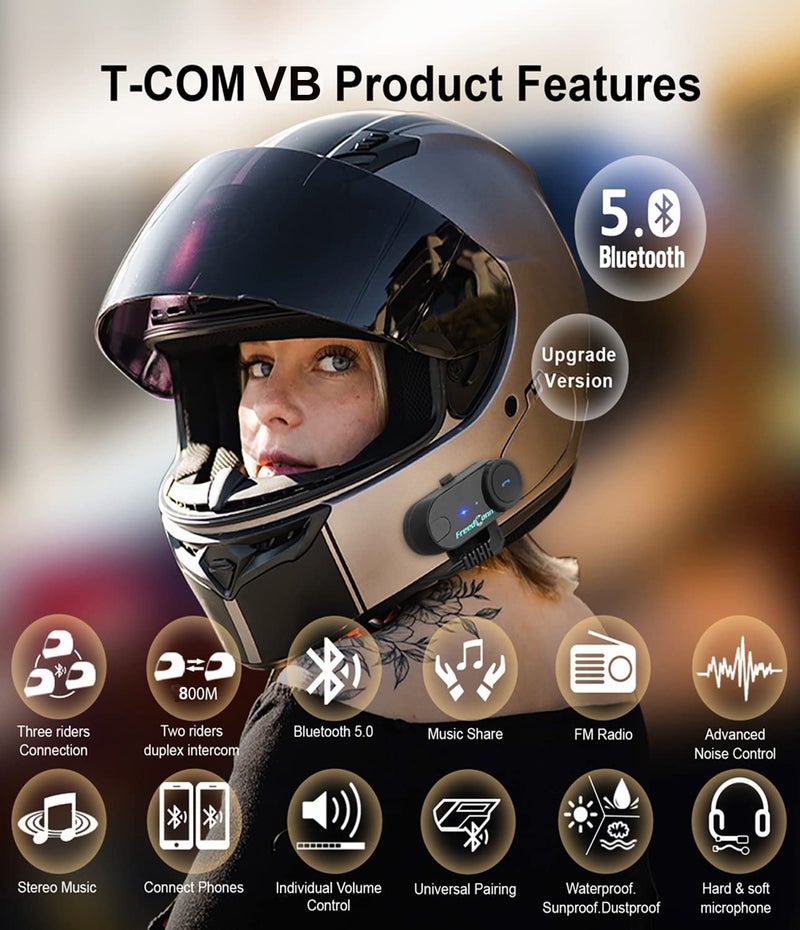 FreedConn T COM VB Motorcycle Bluetooth Headset, Helmet Intercom 2 Way 800M with Music Share, Universal Communication System Speakers, Waterproof Moto Accessories Gear for Ski, Riders, All Helmets - Image 3