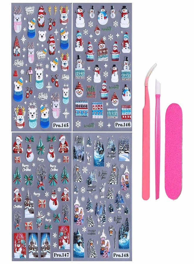 SWEET TREND Christmas Nail Art Stickers Set -4 Sheets 3D Embossed Cute Santa Snowman Bear Reindeer Snowflake Nail Decals with Tweezers File and Press Stick, DIY Holiday Manicure Decoration for Women - Image 5