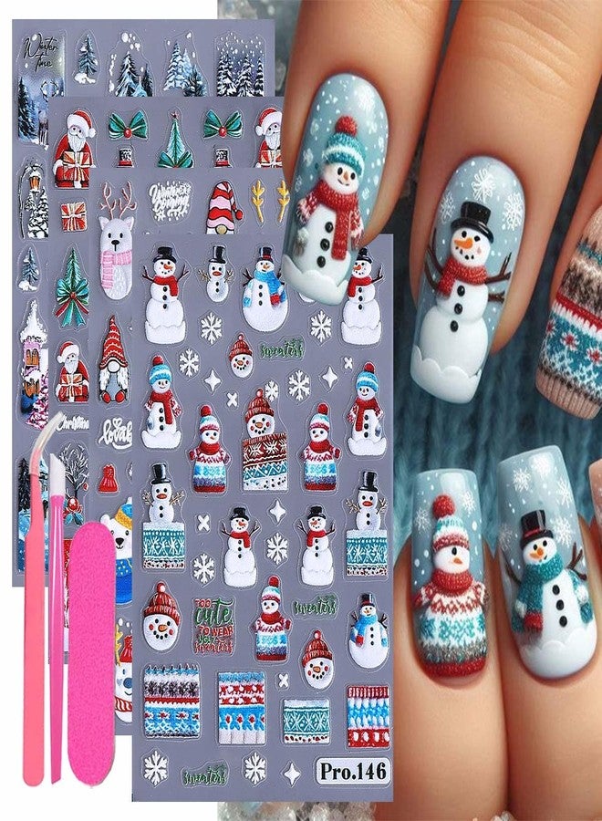 SWEET TREND Christmas Nail Art Stickers Set -4 Sheets 3D Embossed Cute Santa Snowman Bear Reindeer Snowflake Nail Decals with Tweezers File and Press Stick, DIY Holiday Manicure Decoration for Women - Image 1