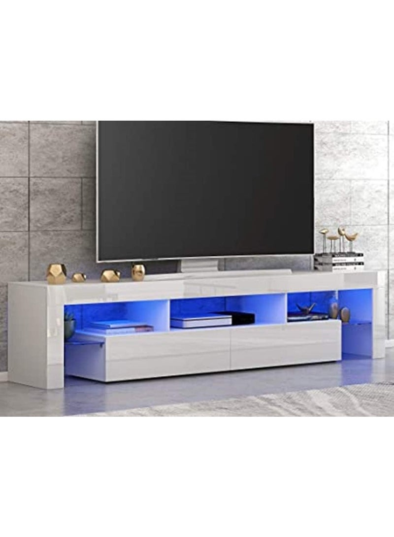 TV Table with 2 Glass Shelves and drawers with LED lights, White, Size 35 x 45 x 160 cm - Image 1