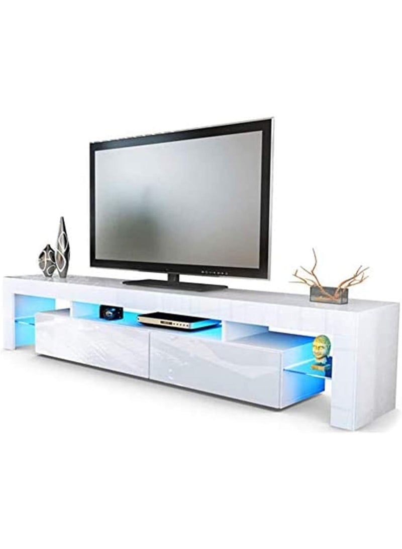 TV Table with 2 Glass Shelves and drawers with LED lights, White, Size 35 x 45 x 160 cm - Image 2