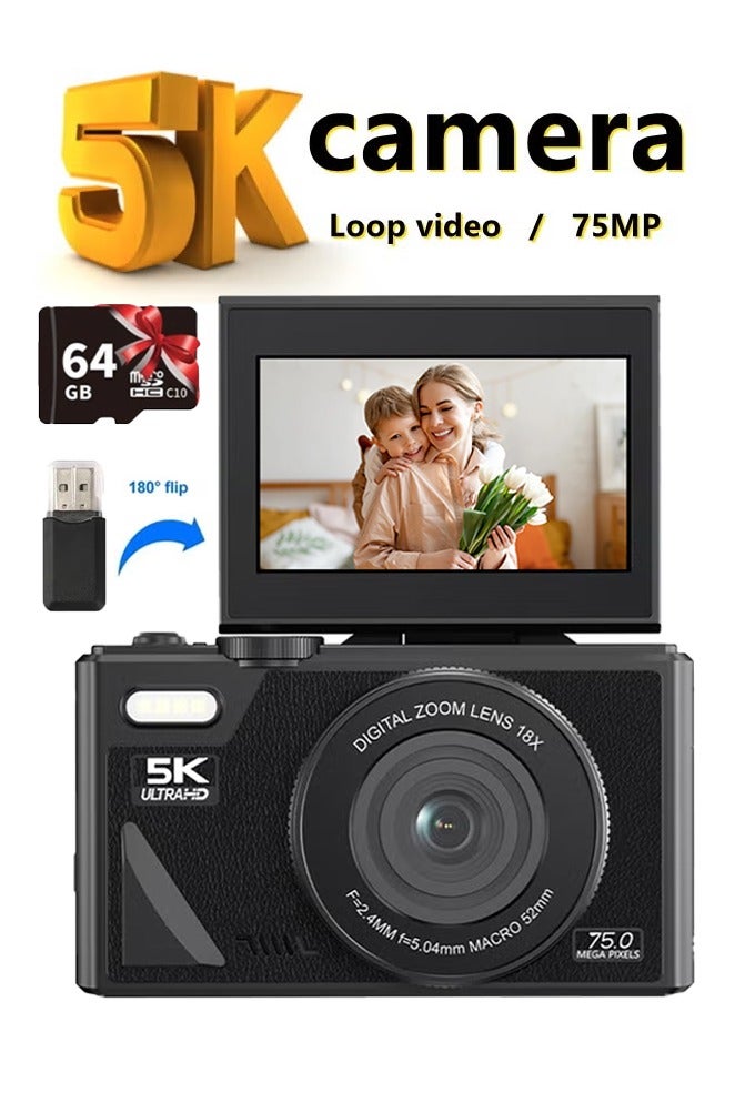 Digital Camera, 5K Vlogging Camera, Kids Camera 75MP Point and Shoot Digital Cameras with 64GB TF Card, 18X Zoom, For Kids Boys Girls - Image 1