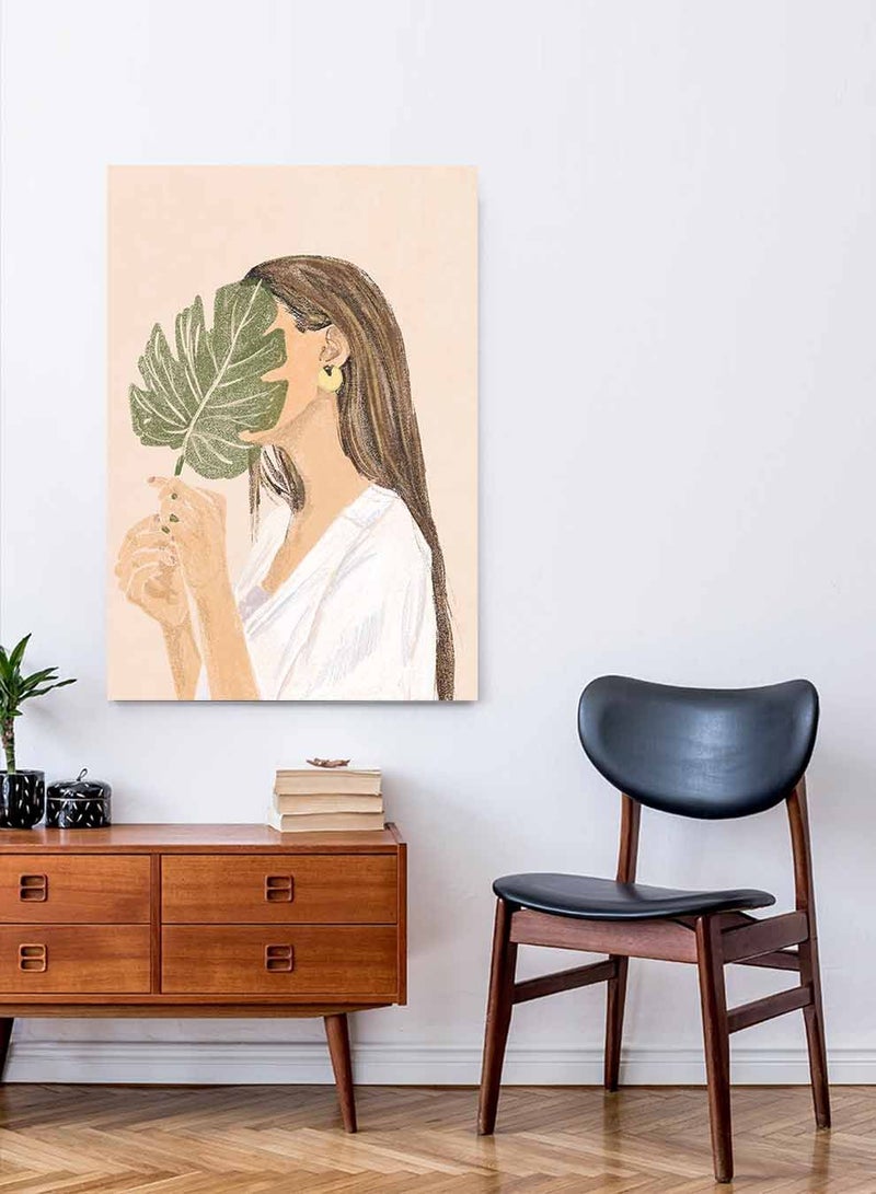 لوحة كانفاس على إطار خشبي، تصميم امرأه مع ورقة شجر ، للمنزل، غرفة المعيشة، المكتب، الديكور - Image 3