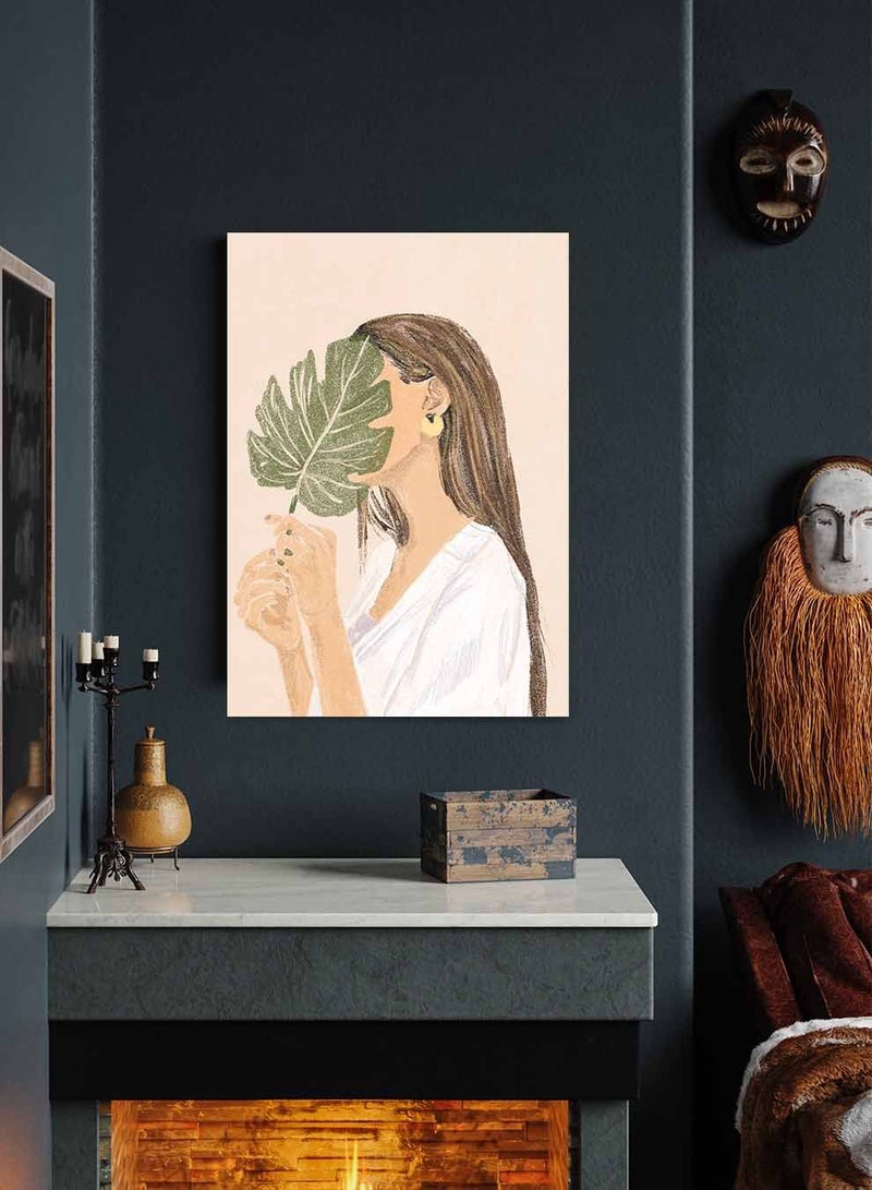 لوحة كانفاس على إطار خشبي، تصميم امرأه مع ورقة شجر ، للمنزل، غرفة المعيشة، المكتب، الديكور - Image 2