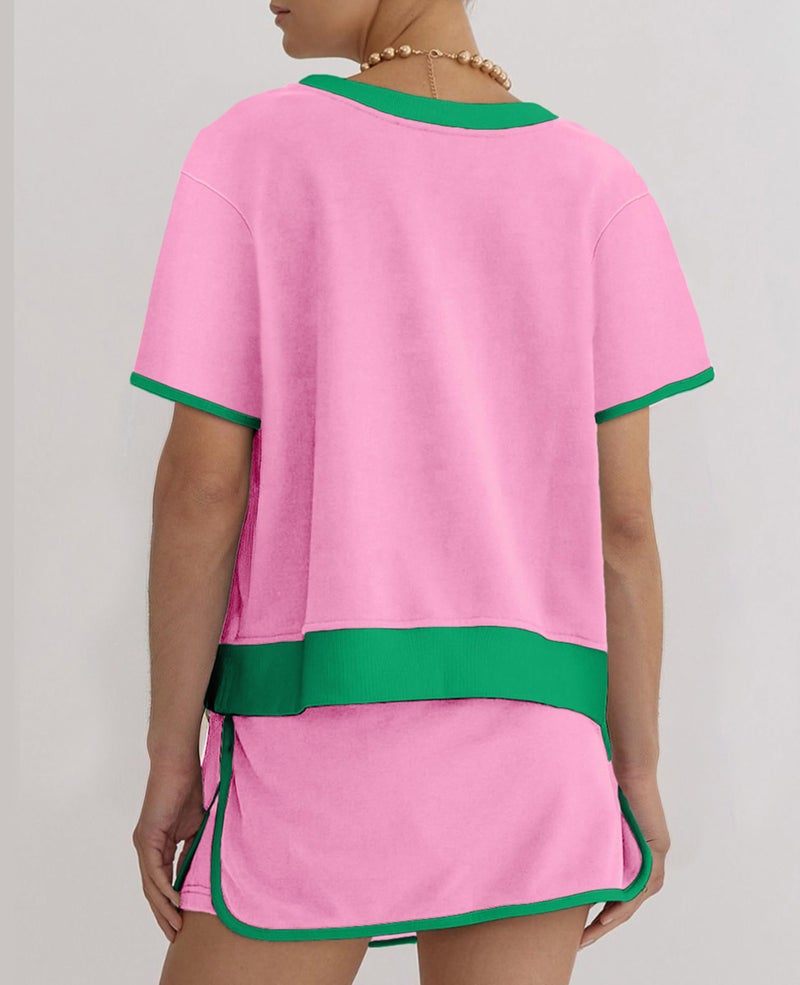 SELINK Lounge Sets for Women 2 Piece Skirt Colorblock Drop Shoulder T Shirt and Skort Set Summer Tracksuits Pink-S - Image 2