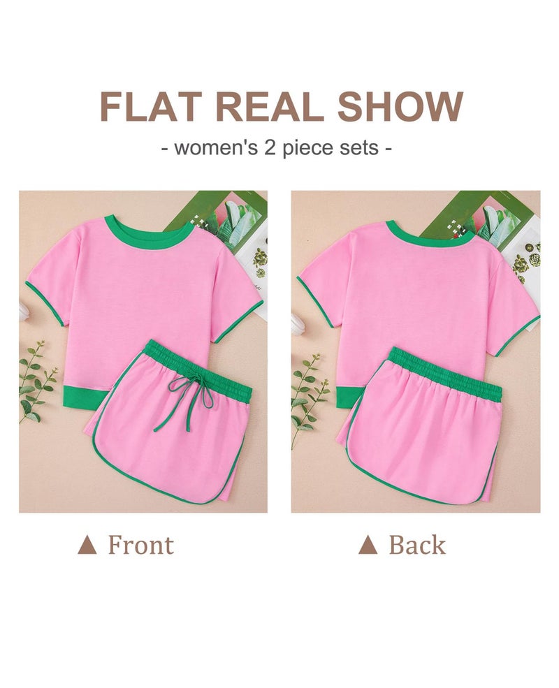 SELINK Lounge Sets for Women 2 Piece Skirt Colorblock Drop Shoulder T Shirt and Skort Set Summer Tracksuits Pink-S - Image 3