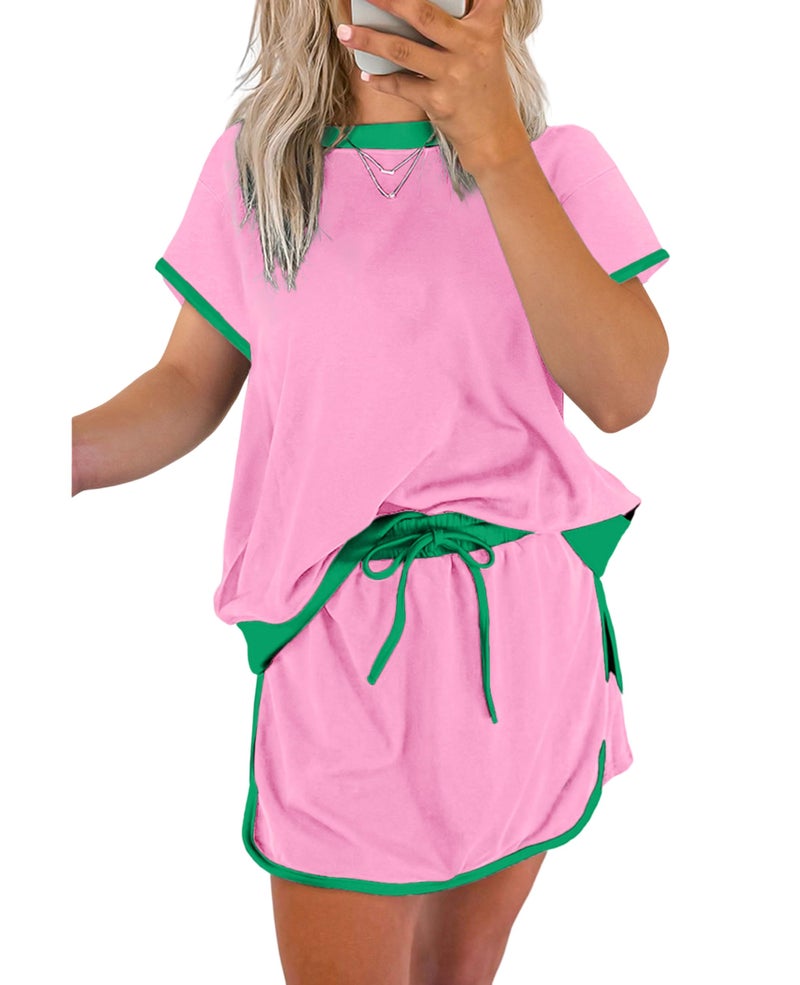 SELINK Lounge Sets for Women 2 Piece Skirt Colorblock Drop Shoulder T Shirt and Skort Set Summer Tracksuits Pink-S - Image 1