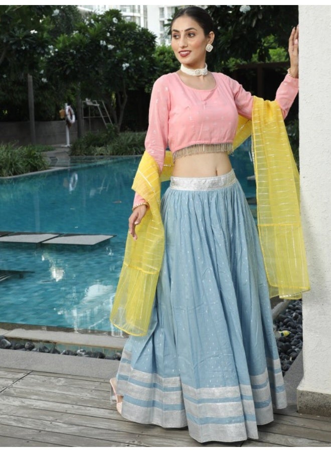 أيه كيه إس طقم ليجها تشولي مع دوباتا بتصميم دوبي أزرق فاتح ووردي - Image 1